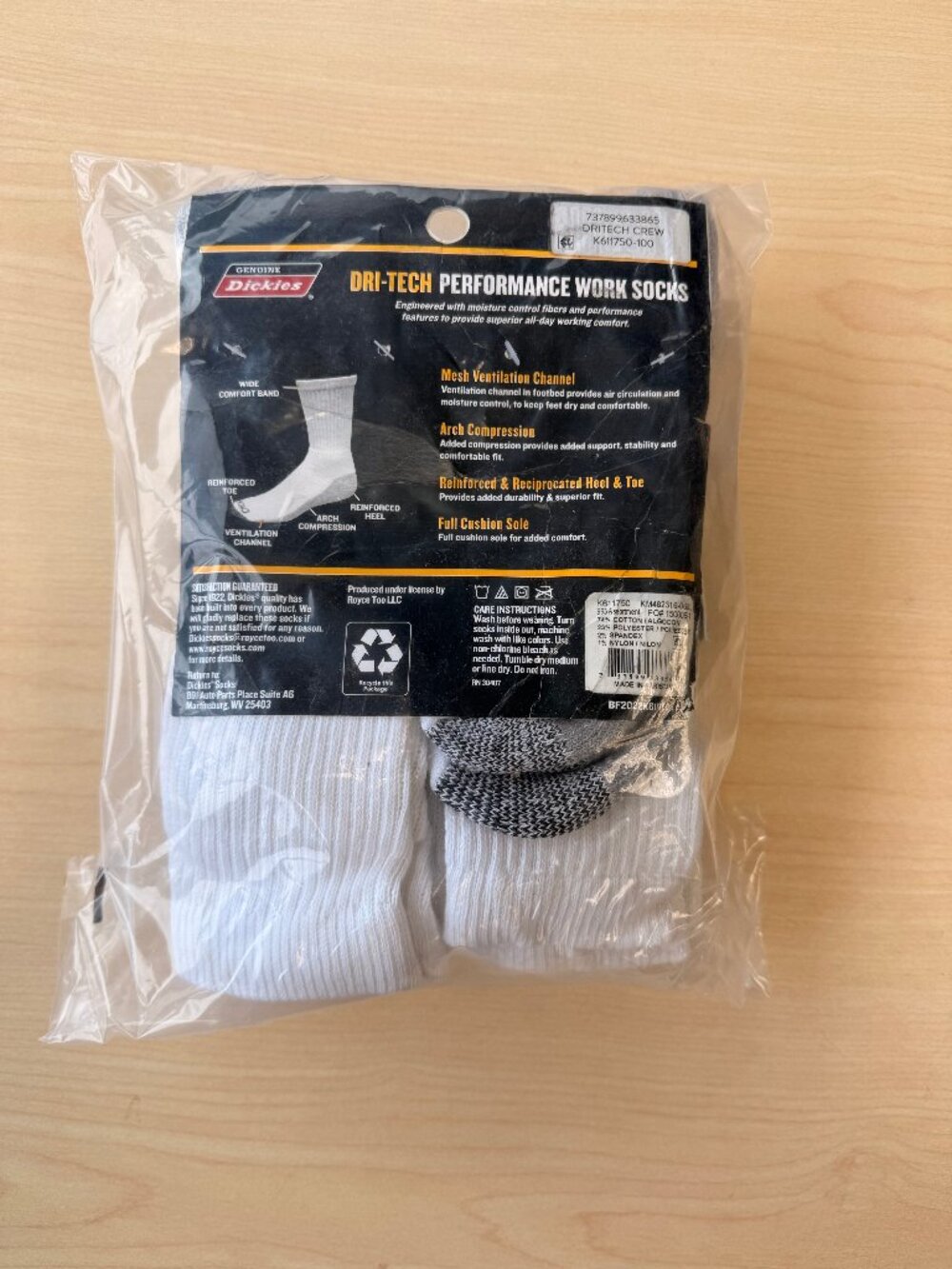 Dickies Dri-Tech Performance Work Socks, Cushioned Crew, 6 Pack